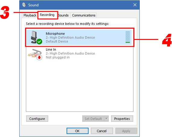 Step 3, Click On Recording And Then Double-click On Microphone