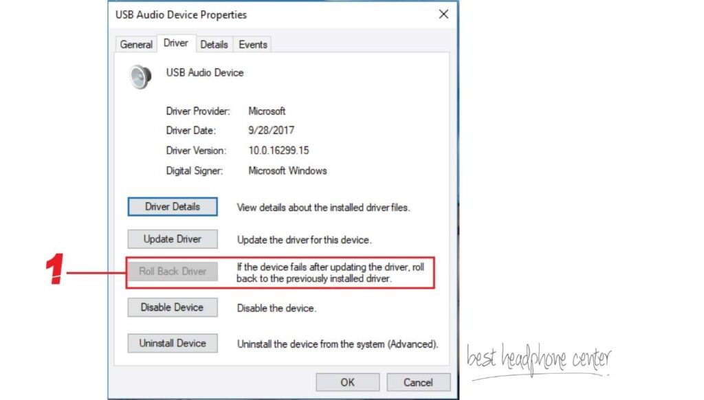 Screenshot Of Audio Drivers Properties Tab In Windows 10; Roll Back Drivers